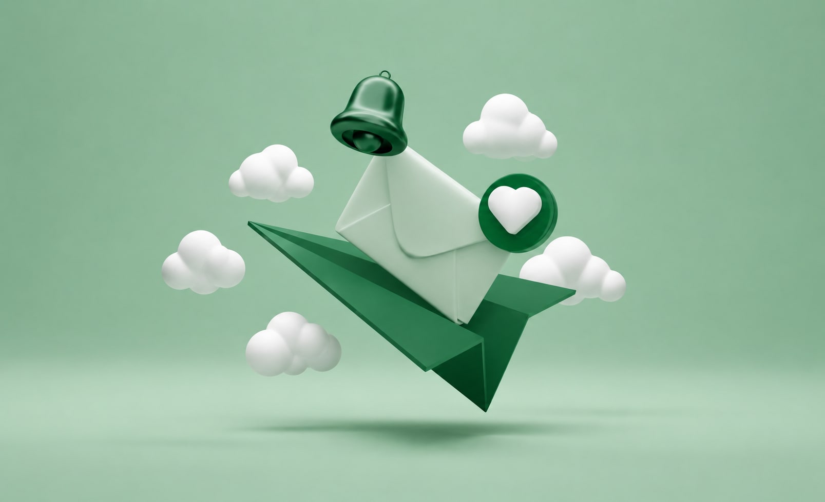 Enveloppe portée par un avion en papier, accompagnée d'une cloche de notification